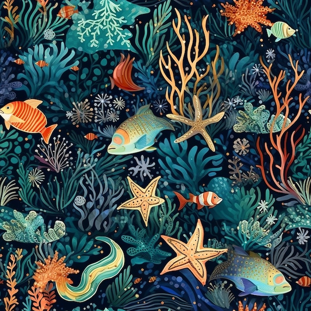 Photo seamless pattern of starfish seahorses and fish capturing the enchanting charm of marine life