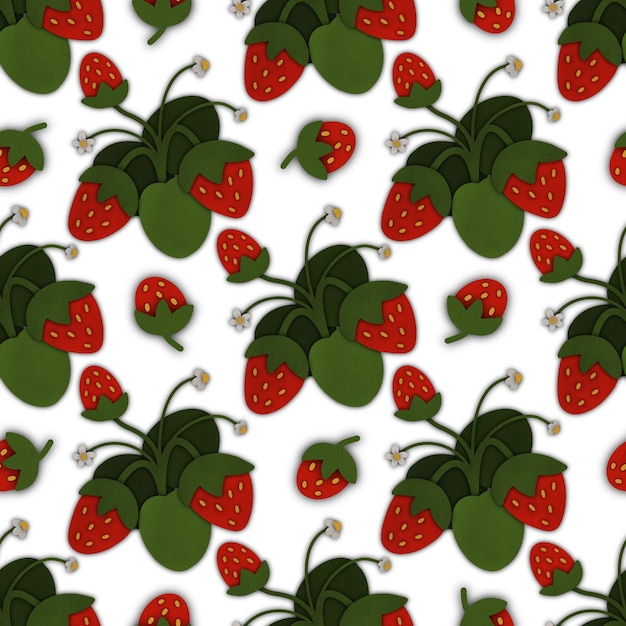 Seamless pattern of strawberries with leaves and flowers on white background digital illustration