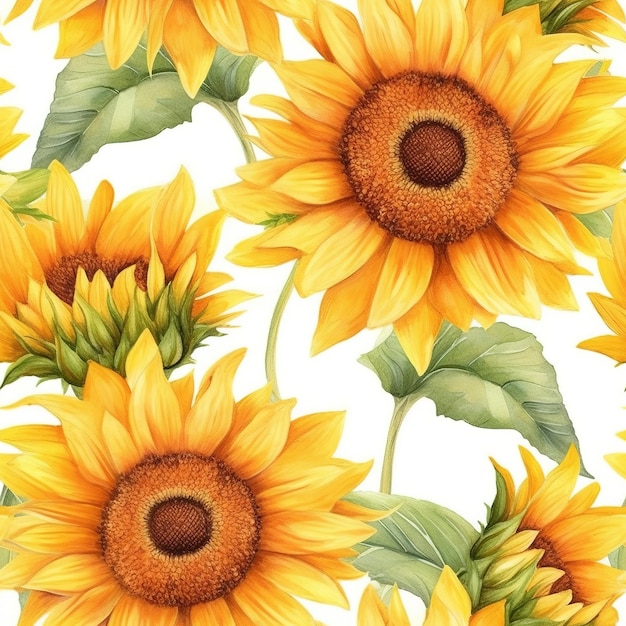 A seamless pattern of sunflowers with leaves on a white background.