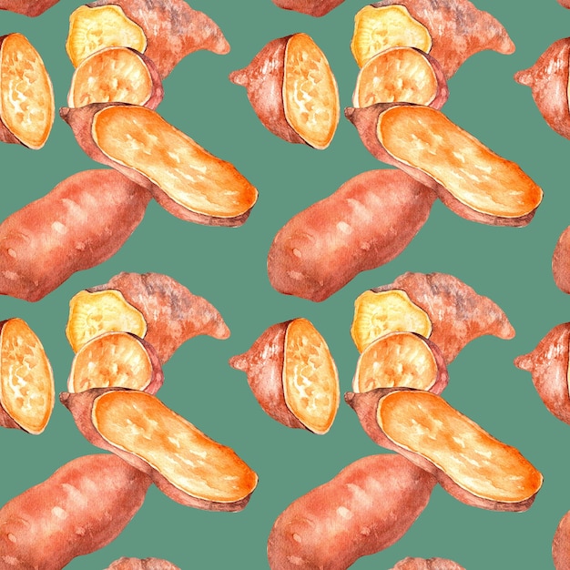 Seamless pattern of sweet potatoes watercolor illustration isolated