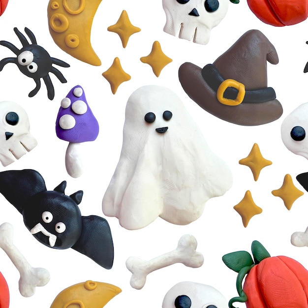 seamless pattern on the theme of halloween. cute 3d plasticine sculptures. funny characters ghost