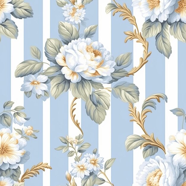 Seamless pattern tileable English country style blue striped floral print for wallpaper wrapping paper scrapbook fabric and product design