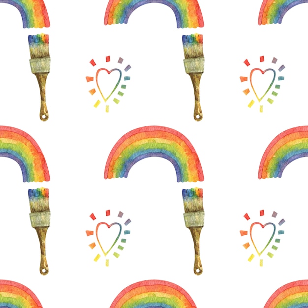 seamless pattern on the topic of LGBT. A rainbow and a rainbow heart are painted with the image of a brush.