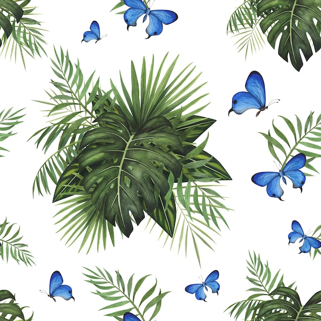 Seamless pattern Tropic Monstera butterfly watercolor isolated on white Watercolor botanical llustration design