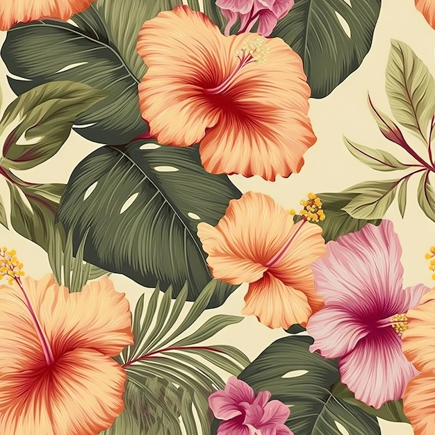 A seamless pattern of tropical flowers with hibiscus leaves on a beige background.