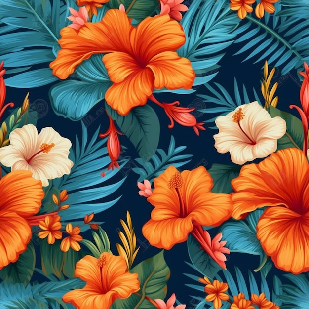 A seamless pattern of tropical flowers with hibiscus and leaves.