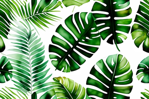 A seamless pattern of tropical leaves on a white background.