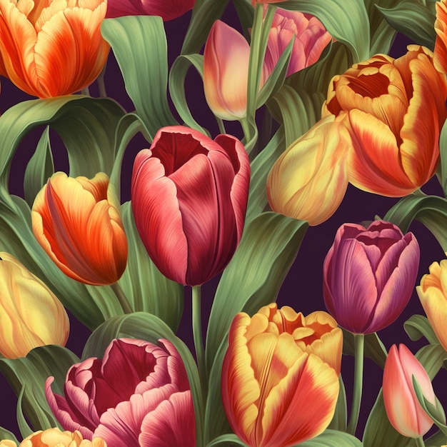 A seamless pattern of tulips with green leaves on a dark background.