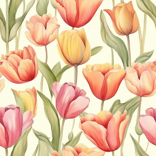 A seamless pattern of tulips with green leaves on a white background.