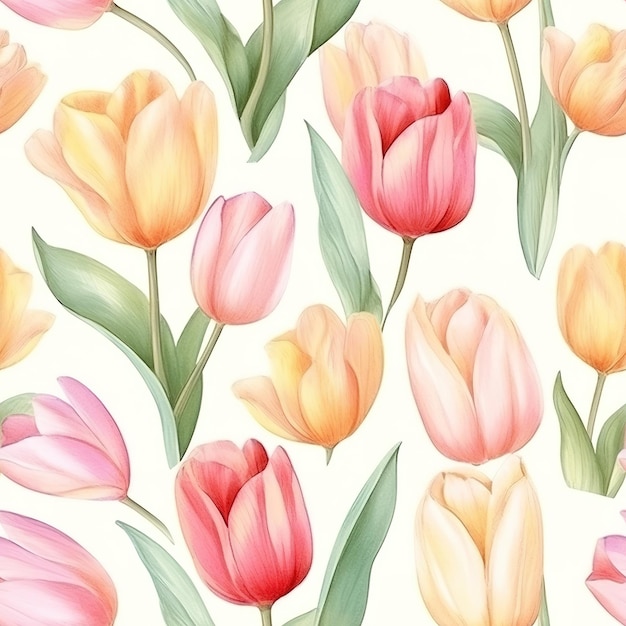 A seamless pattern of tulips with yellow, pink, orange, and yellow flowers on a white background.