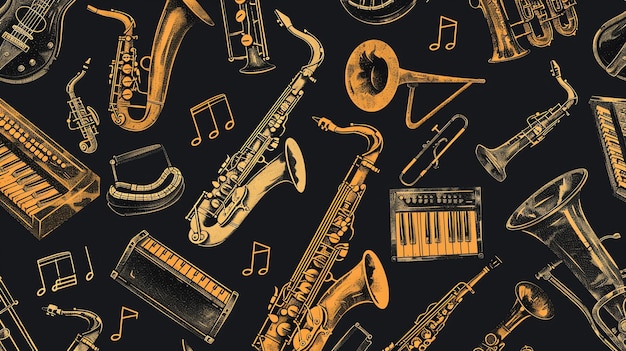 Seamless pattern of vintage musical instruments