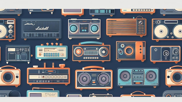 Photo seamless pattern of vintage retro radios in different styles and colors