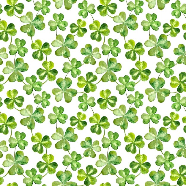 Seamless pattern watercolor background with trefoil clover leaves for Patrick day