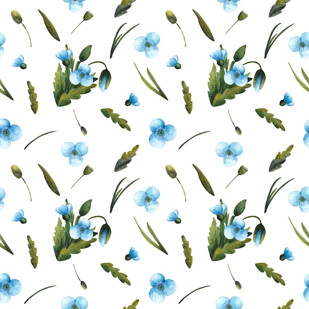 Seamless pattern of watercolor blue poppies and green leaves isolated on white background. Delicate floral print is perfect for textiles, wrapping paper, packaging design.