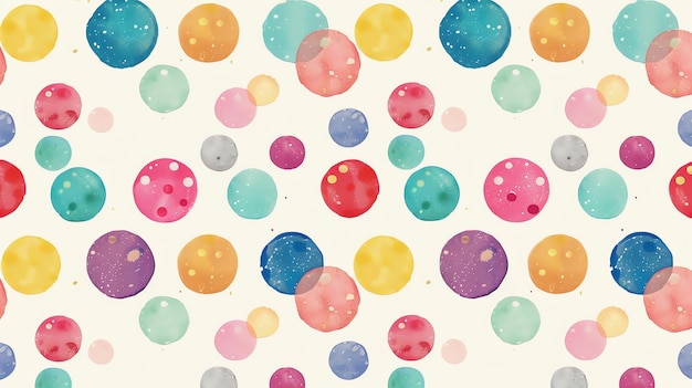 A seamless pattern of watercolor dots in various bright colors on a white background