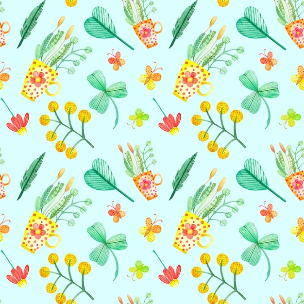 Seamless pattern of watercolor flowers and leaves on light blue background Design for backgrounds wallpapers covers and packaging prints for textiles and clothes