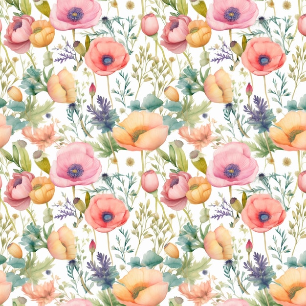 A seamless pattern of watercolor flowers and plants painted in watercolor.