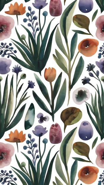 Photo a seamless pattern of watercolor flowers and plants pnted in watercolor