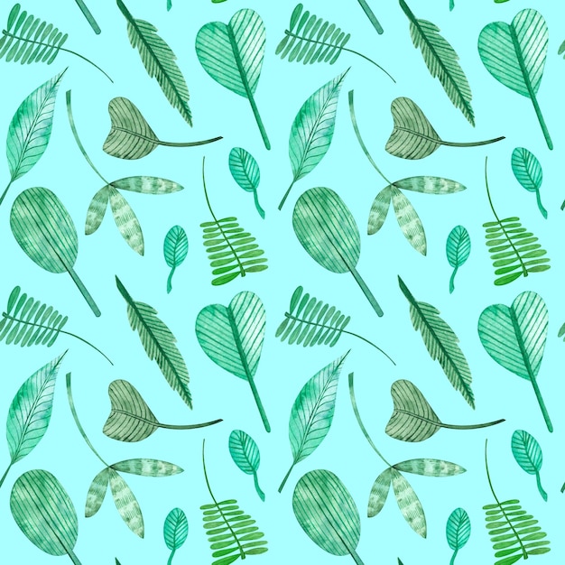 Seamless pattern of watercolor leaves on blue background To create design elements on the theme of nature ecology seasons Design for backgrounds wallpapers packaging prints for textiles