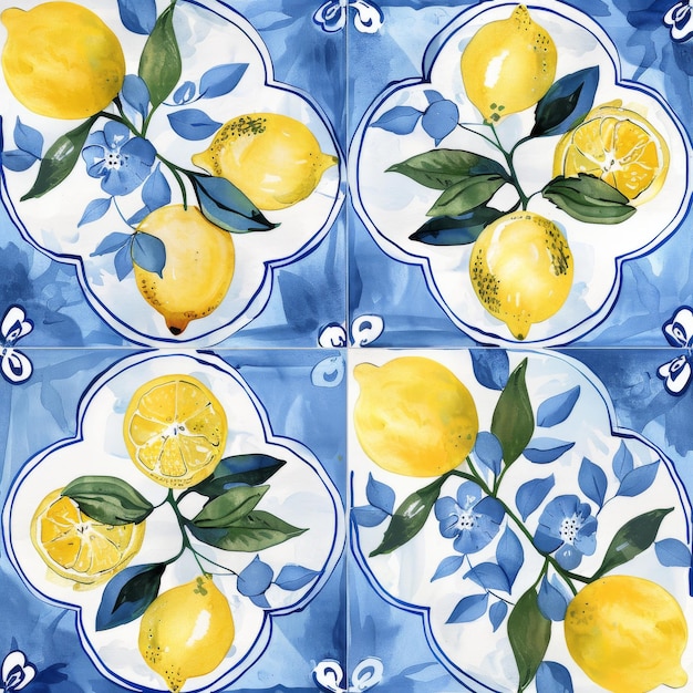 Seamless pattern of watercolor lemons and blue tiles in Sicilian style Stock illustration