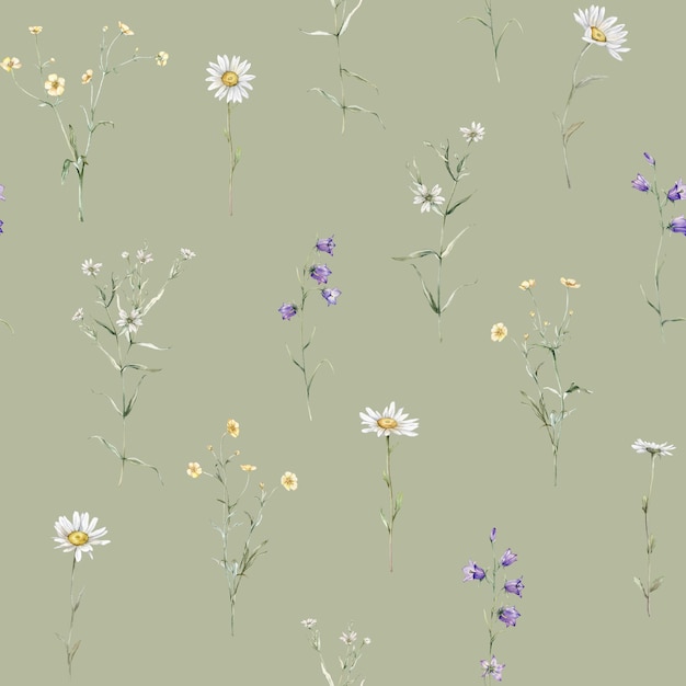 Seamless pattern watercolor meadow flower with white chamomile and violet bluebell Repeat wallpaper forest flower yellow ranunculus Hand drawn illustration on isolated background