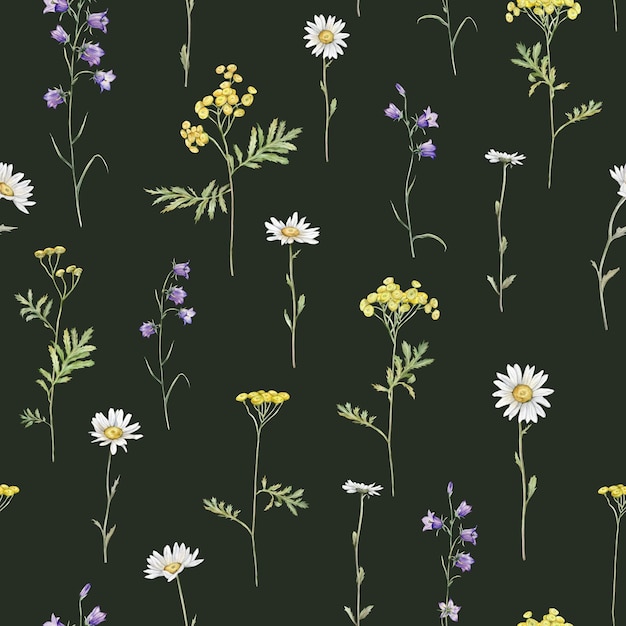 Seamless pattern watercolor meadow flower with white chamomile and violet bluebell Repeat wallpaper forest flower yellow ranunculus and tansy Hand drawn illustration on isolated background