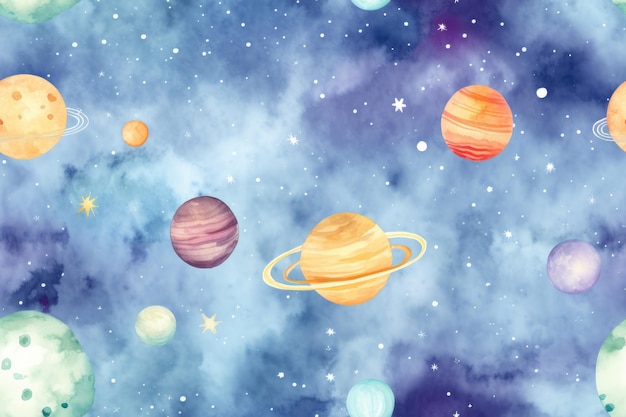 Seamless pattern of watercolor outer cosmos space with different colors planet