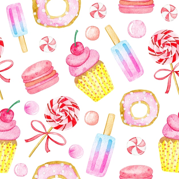 Seamless pattern of watercolor sweets