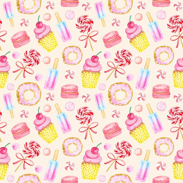 Seamless pattern of watercolor sweets