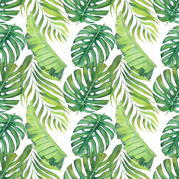 Seamless pattern watercolor tropical leaves