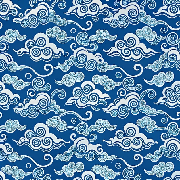 seamless pattern of waves and swirls on a blue background