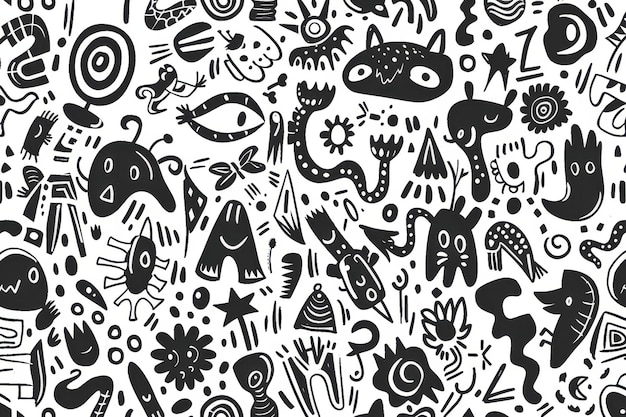 Photo a seamless pattern of whimsical handdrawn doodles in black and white creating a playful and artistic background isolated on a white background ar 32 v 6 job id 7430cc08dee2494190bce784986c65ed