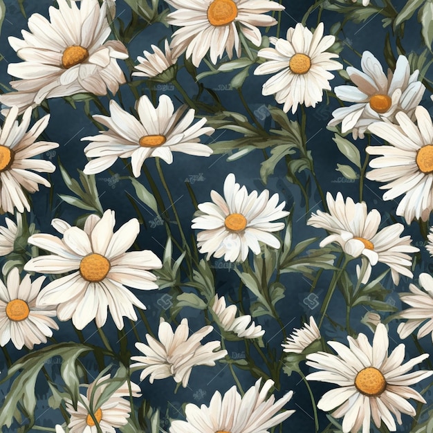 A seamless pattern of white daisies with green leaves on a dark blue background.