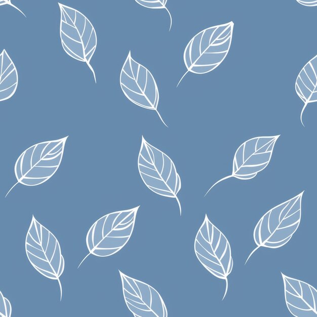 Seamless pattern of white handdrawn leaves on a blue background