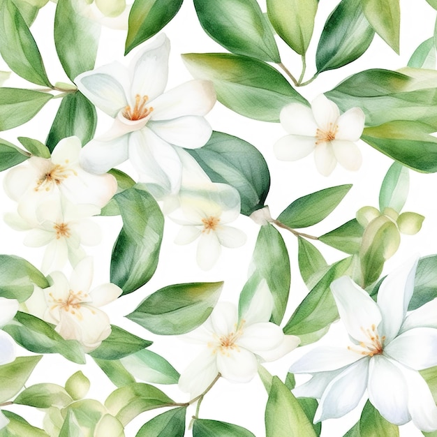 Seamless pattern of a white magnolia flowers on a white background.