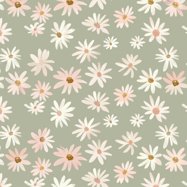 Seamless pattern of white and pink daisies on a green background