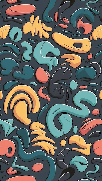 Seamless pattern with abstract bright squiggles fluid shapes curls cartoon style