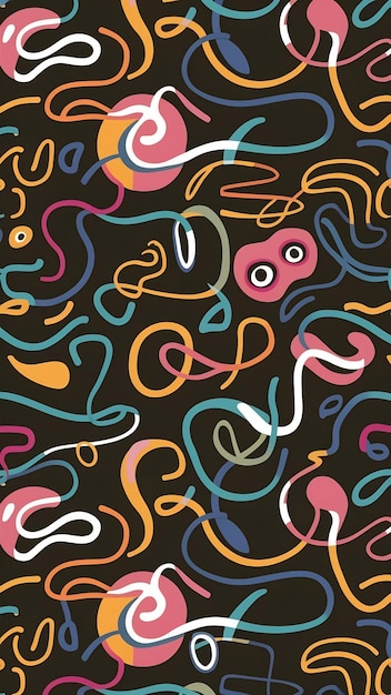 Seamless pattern with abstract colorful squiggles fluid shapes curls cartoon style