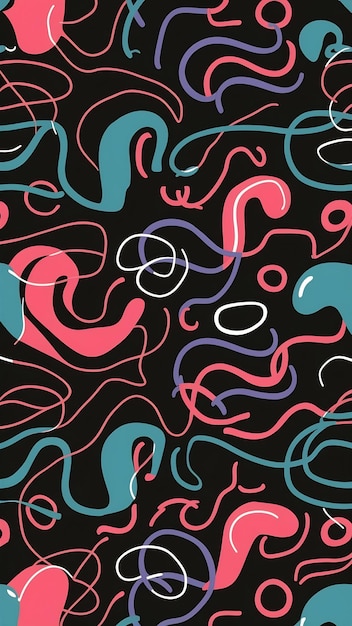 Photo seamless pattern with abstract colorful squiggles fluid shapes curls cartoon style