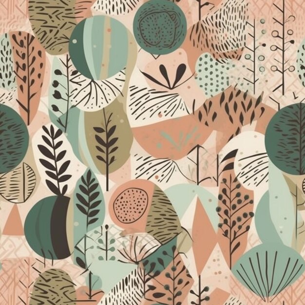 A seamless pattern with abstract leaves and plants.