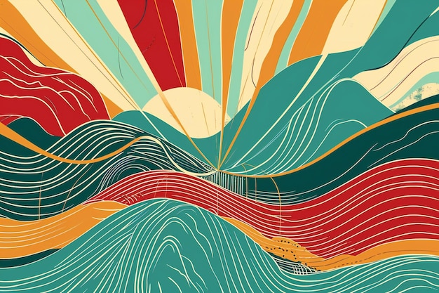 Seamless pattern with abstract waves and sun