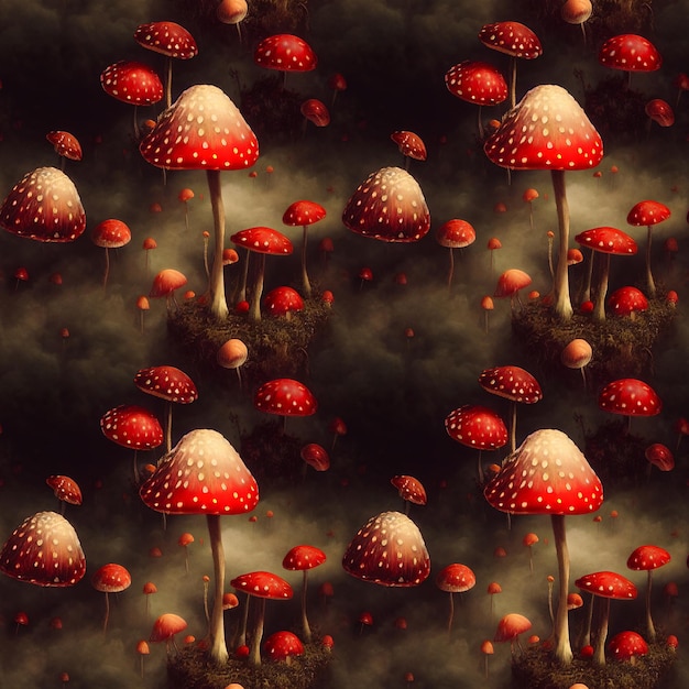 Seamless pattern with amanita muscaria mushrooms Generated AI contemporary artx9