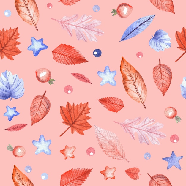 Seamless pattern with autumn leaves and rosehip berries on pink background. Hand painted watercolor illustration.