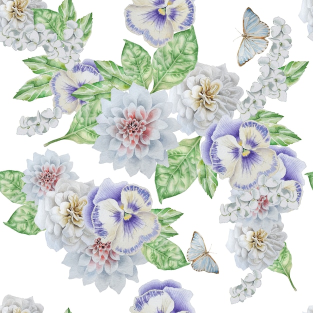 Seamless pattern with beautiful flowers and butterfly