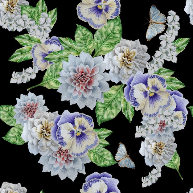 Seamless pattern with beautiful flowers and butterfly