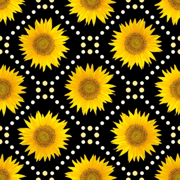 Seamless pattern with big bright sunflowers and brown dots on black background