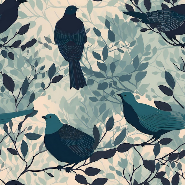 A seamless pattern with birds on a blue background.