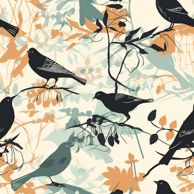 A seamless pattern with birds on branches and leaves.