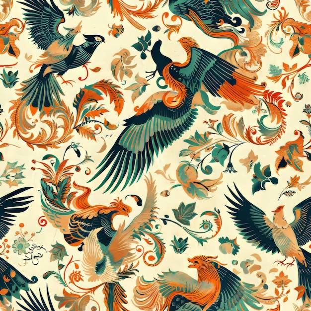 Seamless pattern with birds and floral ornament Vintage style