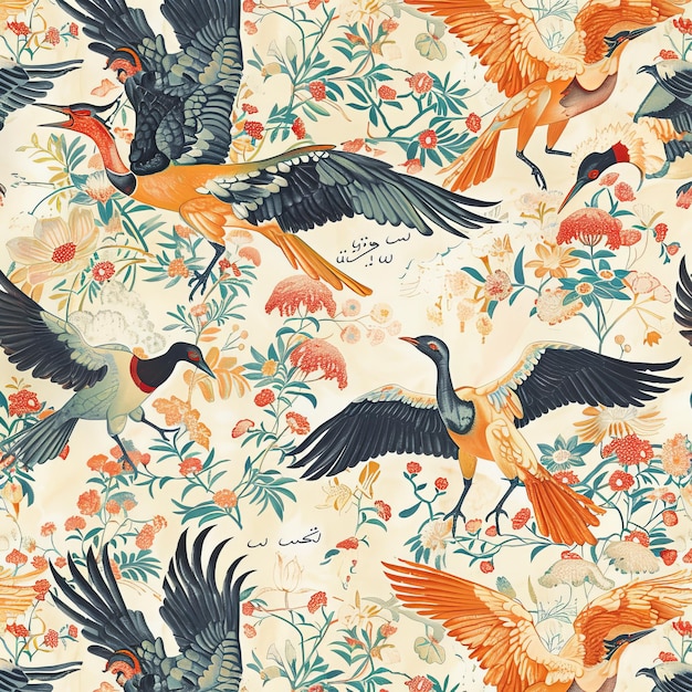 Seamless pattern with birds and flowers Handdrawn illustration